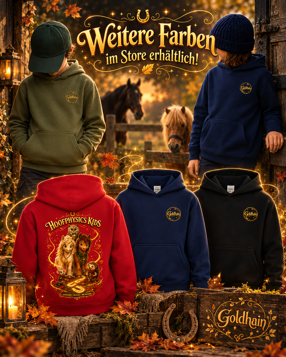 Hoofphysics Kids Hoodies in verschiedenen Farben mit Goldhain- und Charakter-Motiven
