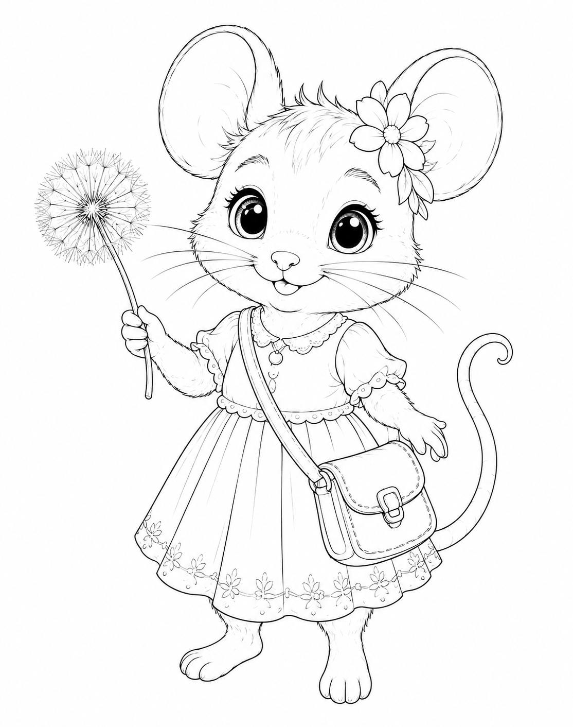  Ausmalbild von Pippa – freundliche kleine Maus mit Blume im Haar und Pusteblume in der Hand