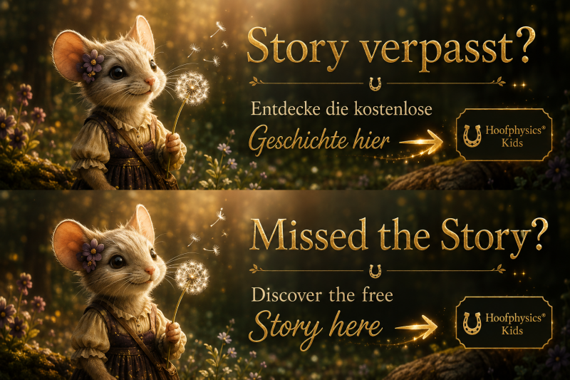 Pippa holding a dandelion in the glowing Goldhain forest – invitation to discover the free Hoofphysics Kids story.“