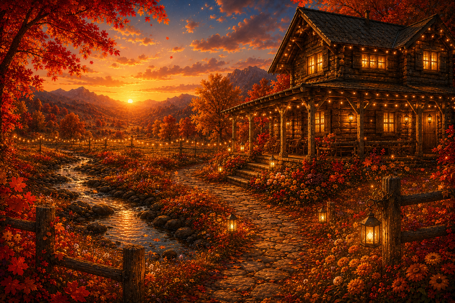 Rustikale Goldhain-Ranch im leuchtenden Herbstwald bei Sonnenuntergang, umgeben von Blumen, Laternen und einem glitzernden Bach.