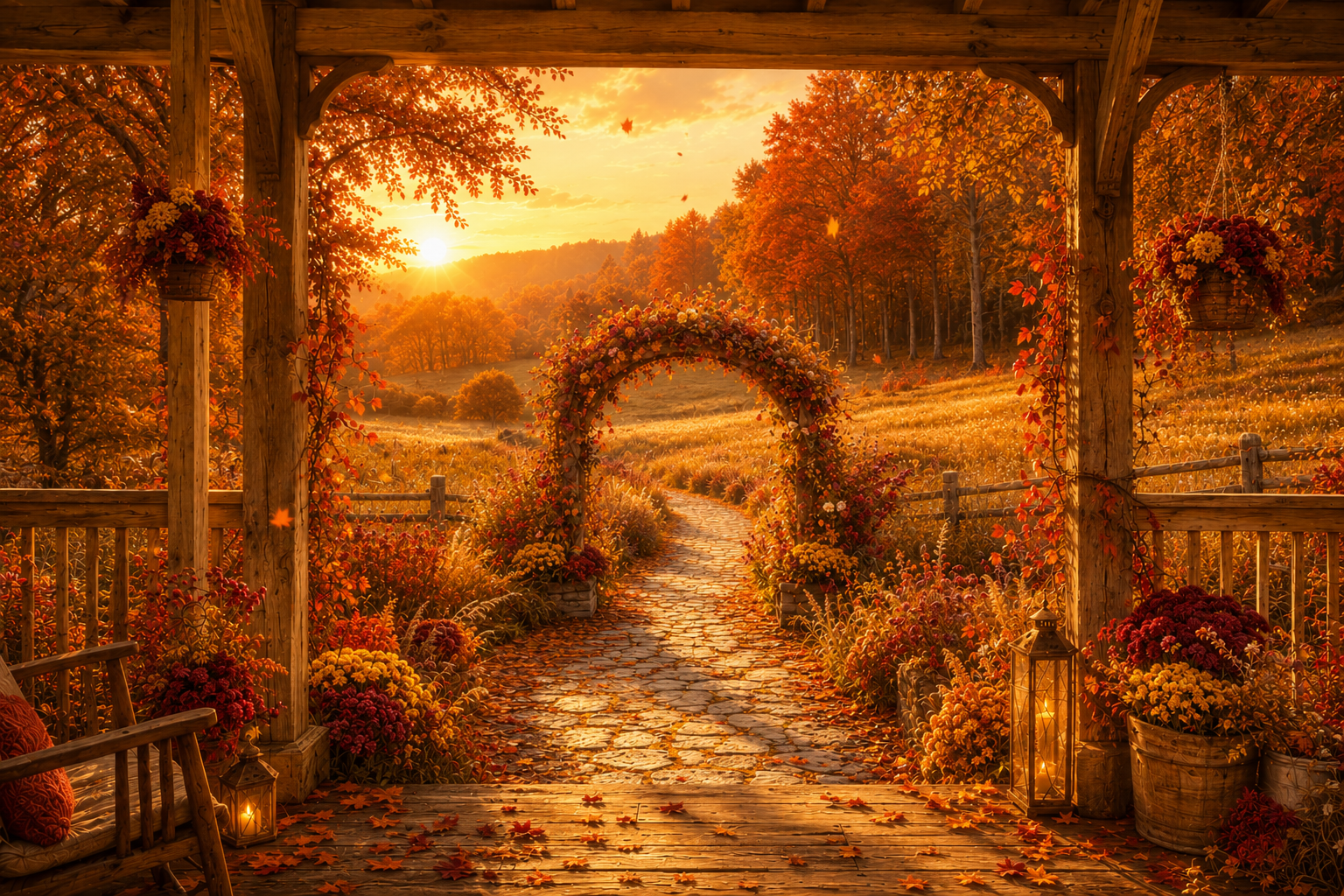 Herbstlich geschmückte Veranda mit leuchtenden Laternen und einem von Blumen umrankten Weg in die goldene Landschaft des Goldhains.