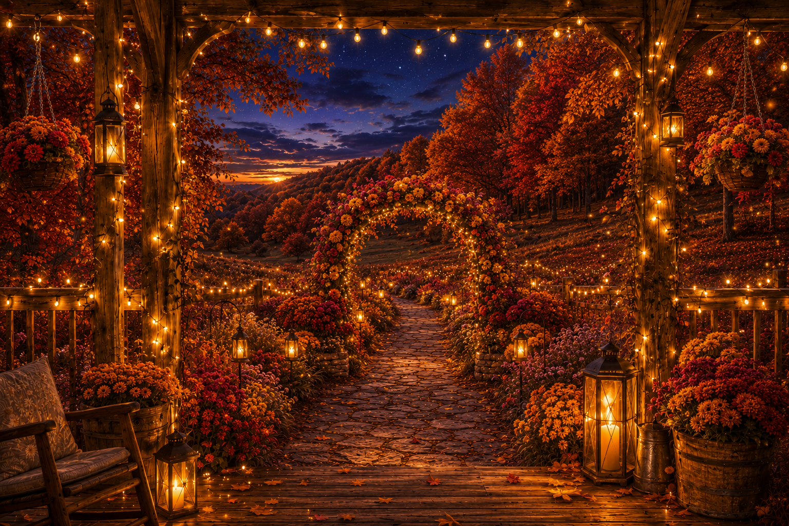 Festlich beleuchtete Herbstveranda mit Laternen und einem blumengesäumten Weg durch den abendlichen Goldhain.