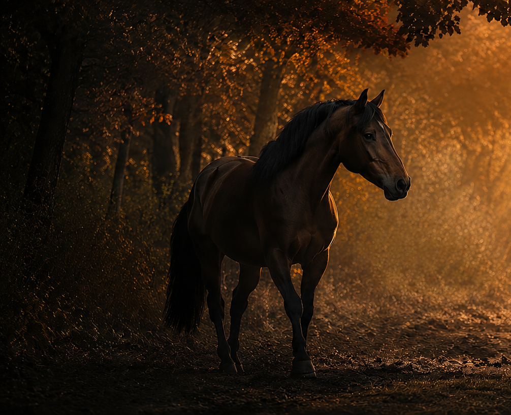 Schwarzes Pferd mit schwarzer Mähne und Halfter auf einer Weide vor einer Berglandschaft im Abendlicht.