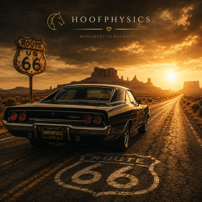 Cineastischer Hoofphysics Banner mit einem schwarzen klassischen Muscle Car auf einer sonnenbeschienenen Route 66. Das Bild symbolisiert mobile Hufbearbeitung, faire Anfahrtskosten und die Bereitschaft, für Pferde weite Wege zurückzulegen.