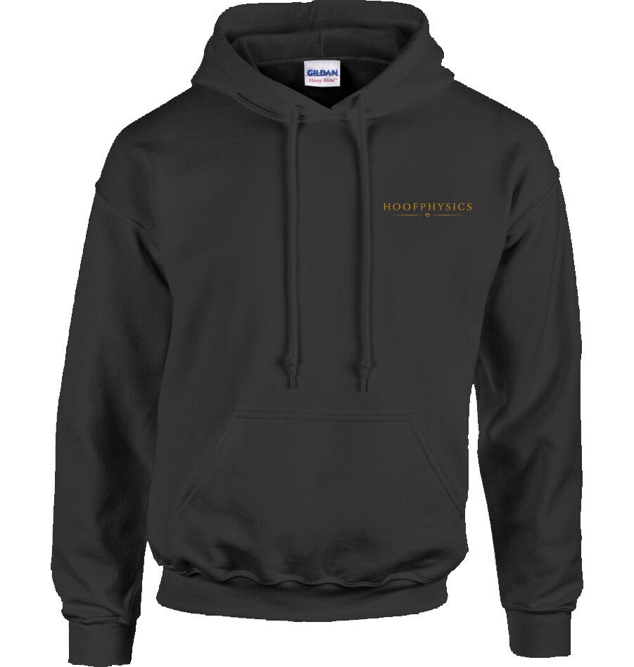 Schwarzer Hoofphysics Hoodie mit großem Huforthopädie-Badge auf dem Rücken 