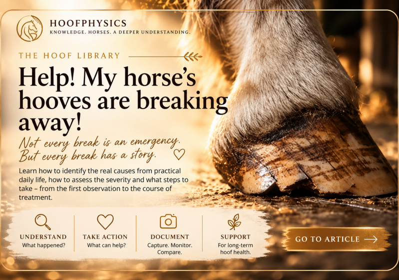 Hoofphysics educational banner showing a close-up of a horse's cracked and chipped hoof in warm golden light. Titled 'Help! My horse's hooves are breaking away!', the image introduces a hoof care guide covering possible causes of hoof cracks, severity ass