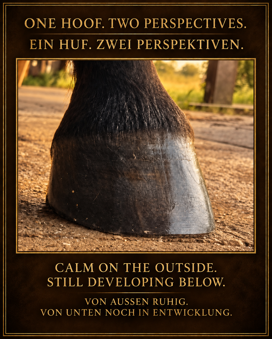 Schwarzer Huf vor Stallszene mit dem Titel Ein Huf - zwei Perspektiven in deutsch und enlisch