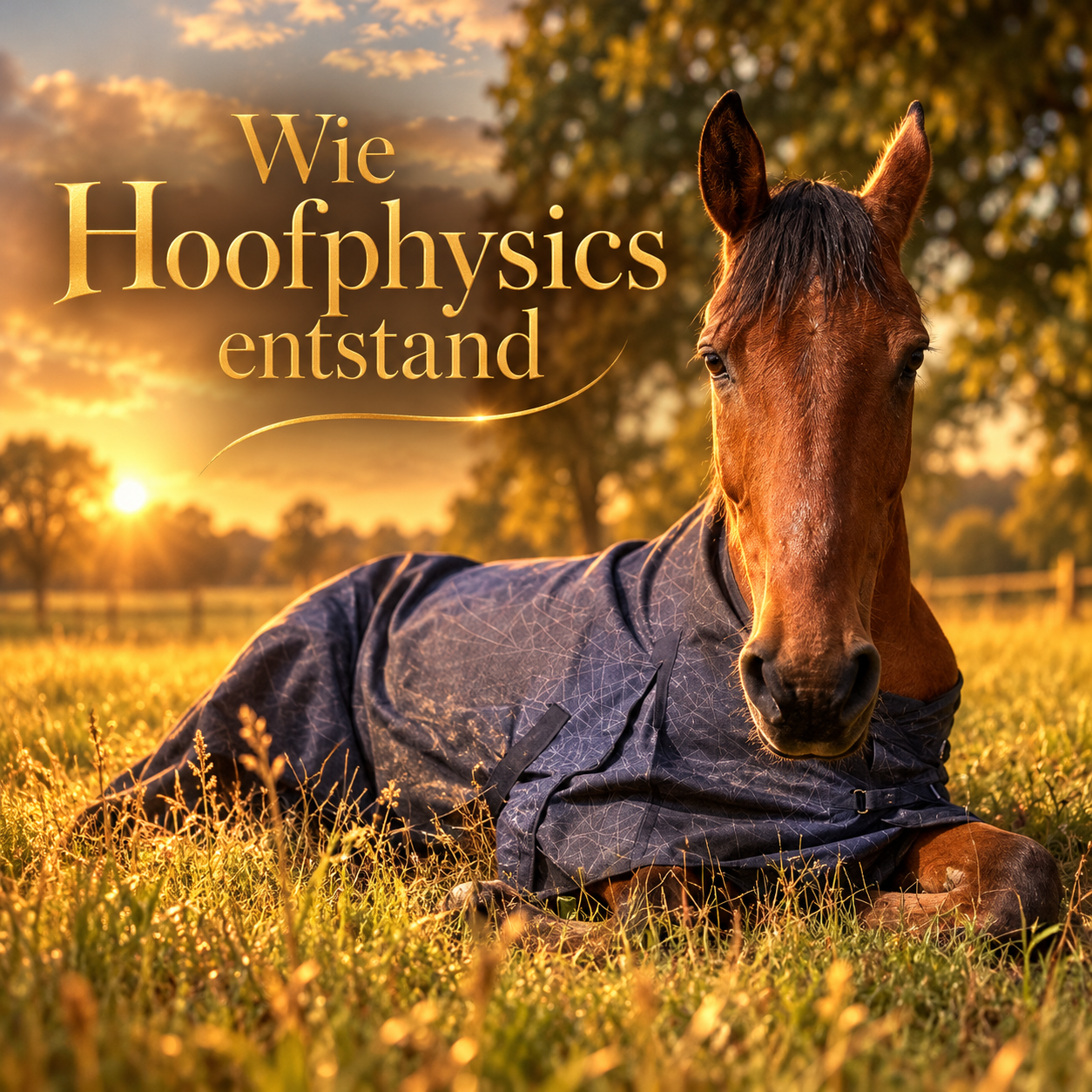 Ritchie, ein braunes Pferd mit dunkelblauer Weidedecke, liegt entspannt auf einer Wiese im warmen Licht der untergehenden Sonne. Die goldene Aufschrift ‚Wie Hoofphysics entstand‘ führt in die persönliche Entstehungsgeschichte von Hoofphysics ein und zeigt