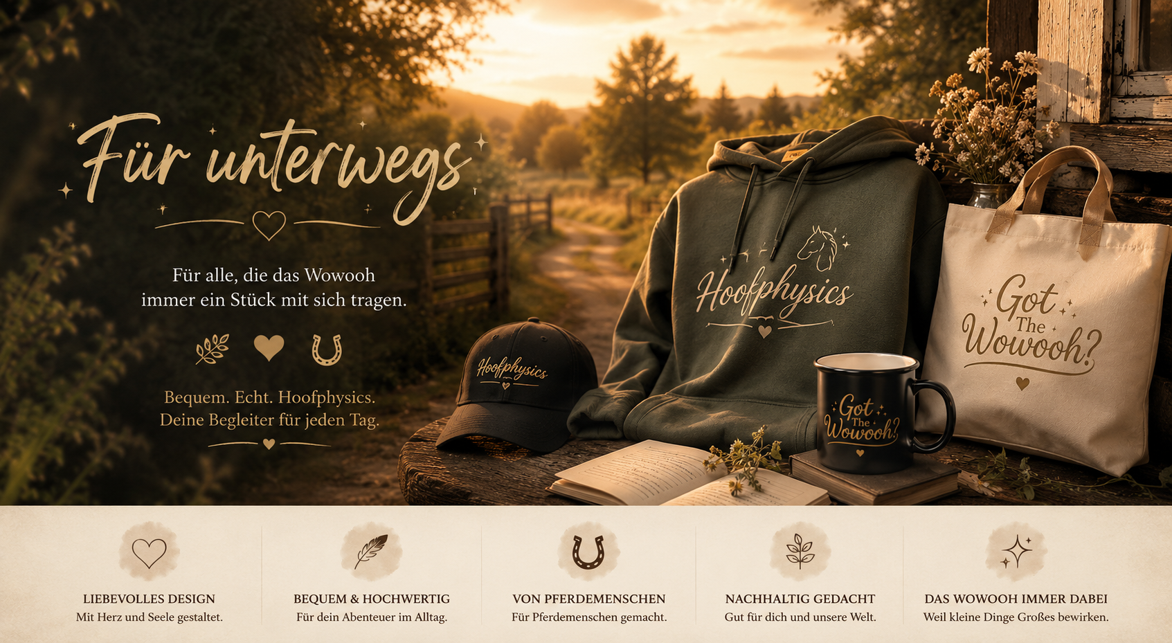 Hoofphysics Lieblingsstücke für unterwegs – Hoodie, Cap, Tasse und Stofftasche im warmen Goldhain-Stil