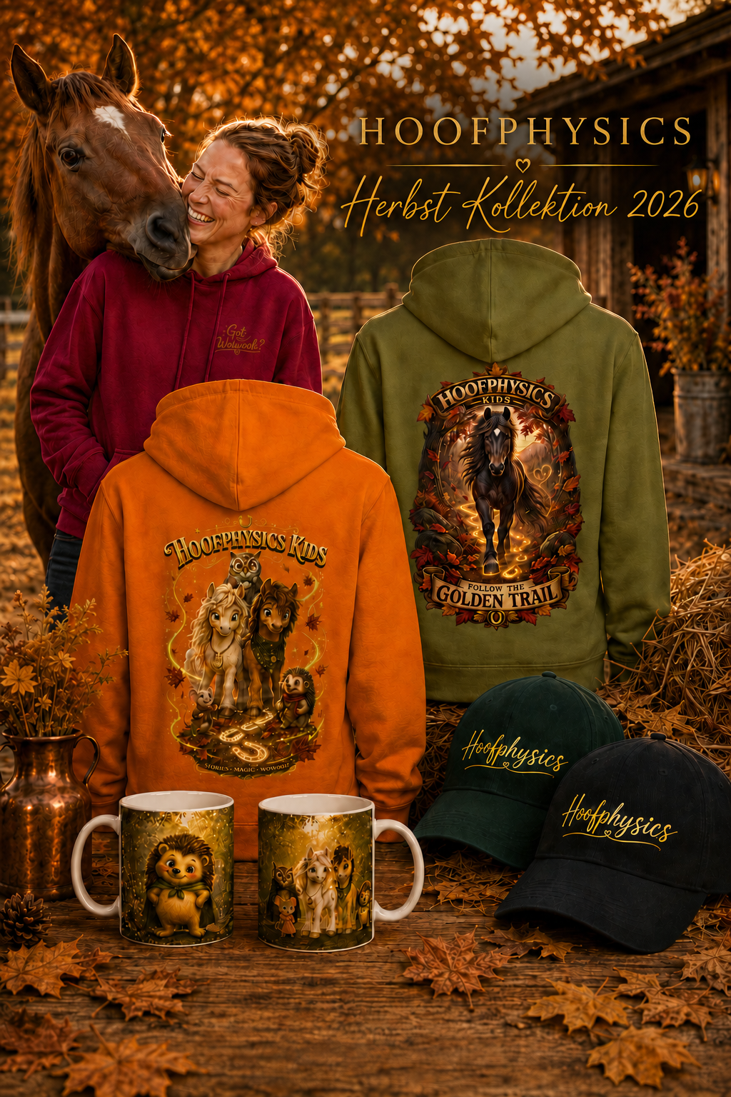 Hoofphysics Herbst Kollektion 2026 mit Kinderhoodies in Orange und Khaki, burgunderrotem Wowooh Hoodie, Hoofphysics Caps und Goldhain Tassen vor einer herbstlichen Stallkulisse.