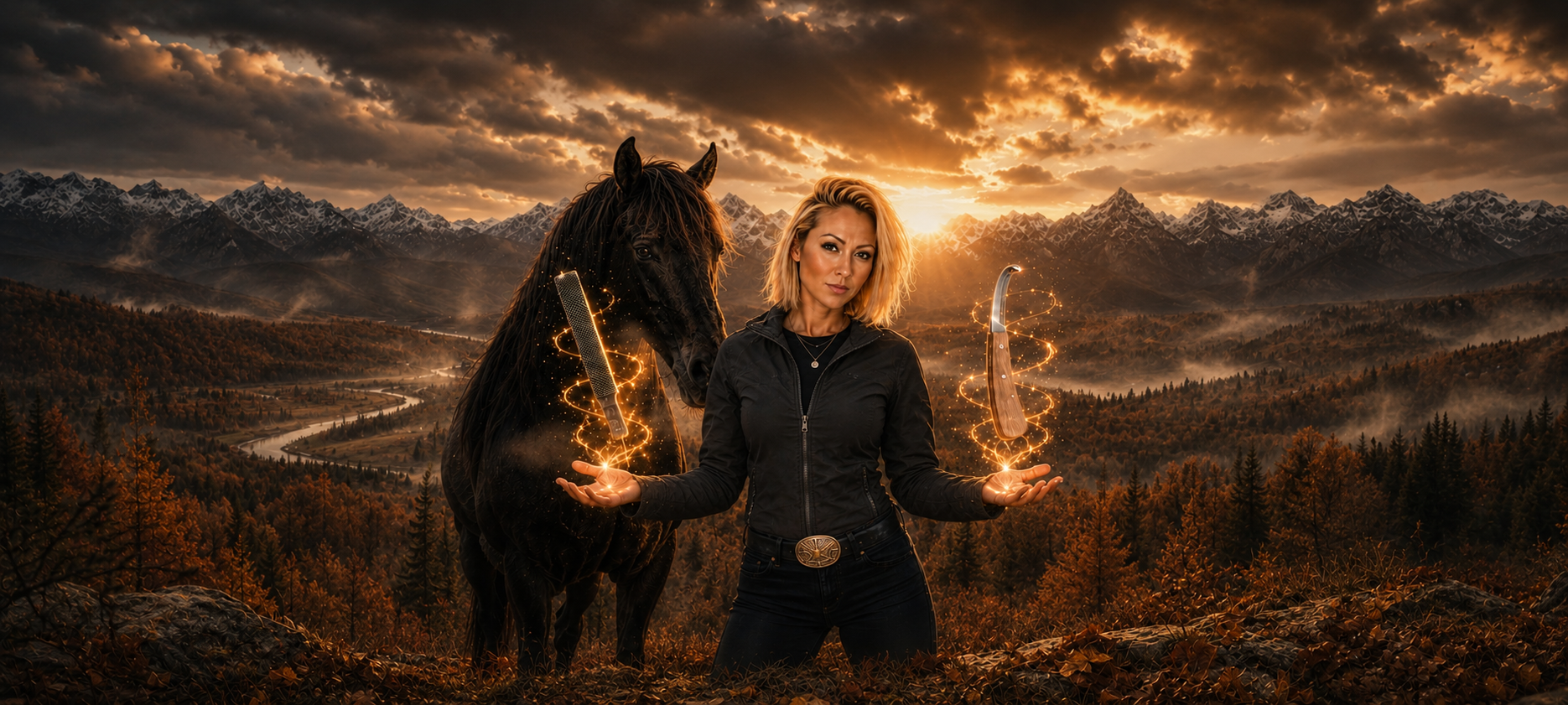 Huforthopädin mit Pferd im warmen Abendlicht – persönliche Einblicke hinter die Kulissen der täglichen Hufbearbeitung.