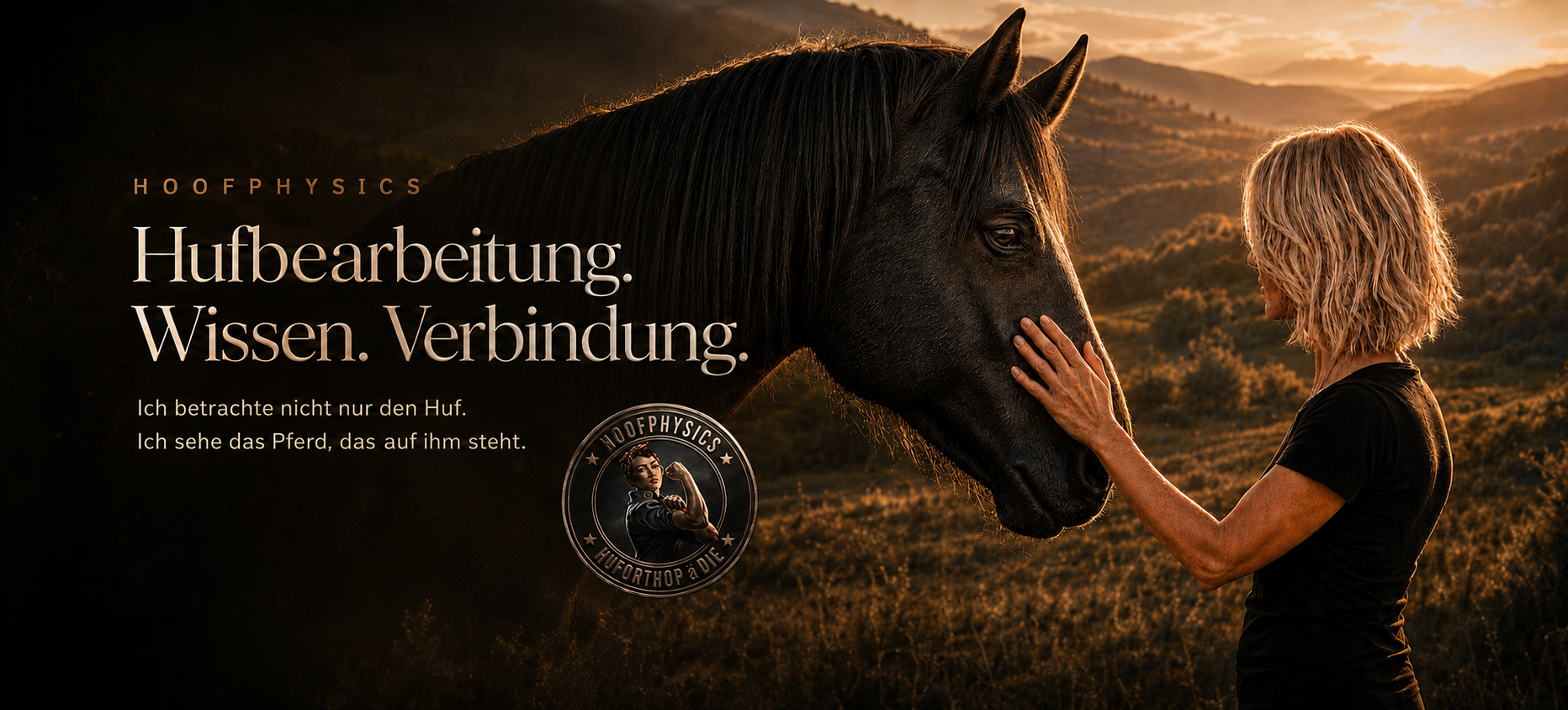 Cineastischer Hoofphysics-Header mit schwarzem Pferd und Hufbearbeiterin im goldenen Abendlicht, die sich vertrauensvoll an der Nase berühren. Text: „Hufbearbeitung. Wissen. Verbindung.“