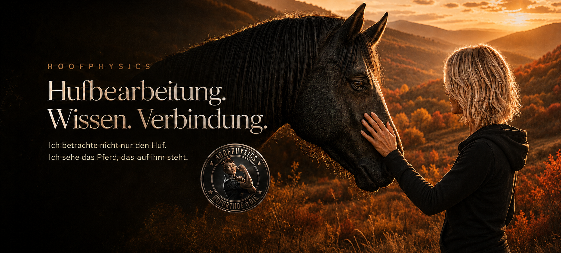 Cineastischer Hoofphysics-Header mit schwarzem Pferd und Hufbearbeiterin im goldenen Abendlicht, die sich vertrauensvoll an der Nase berühren. Text: „Hufbearbeitung. Wissen. Verbindung.“