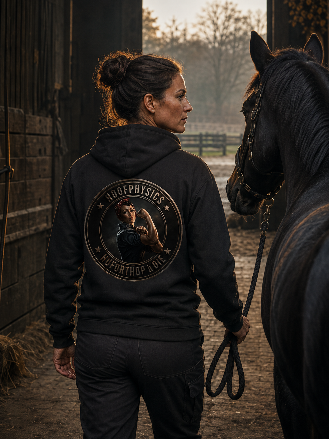 Schwarzer Hoofphysics Hoodie mit großem Huforthopädie-Badge auf dem Rücken neben einem Pferd