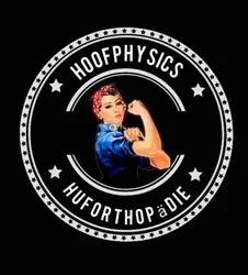 - Hoofphysics Huforthopädie Logo mit kraftvoller Frauenfigur im Retro-Stil