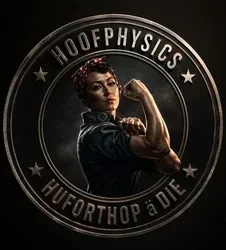 Starke Huforthopädin mit angewinkeltem Arm im runden Hoofphysics-Emblem und dem Schriftzug „Huforthopädie“.