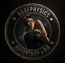 Hoofphysics Huforthopädie Logo mit kraftvoller Frauenfigur im runden Emblem