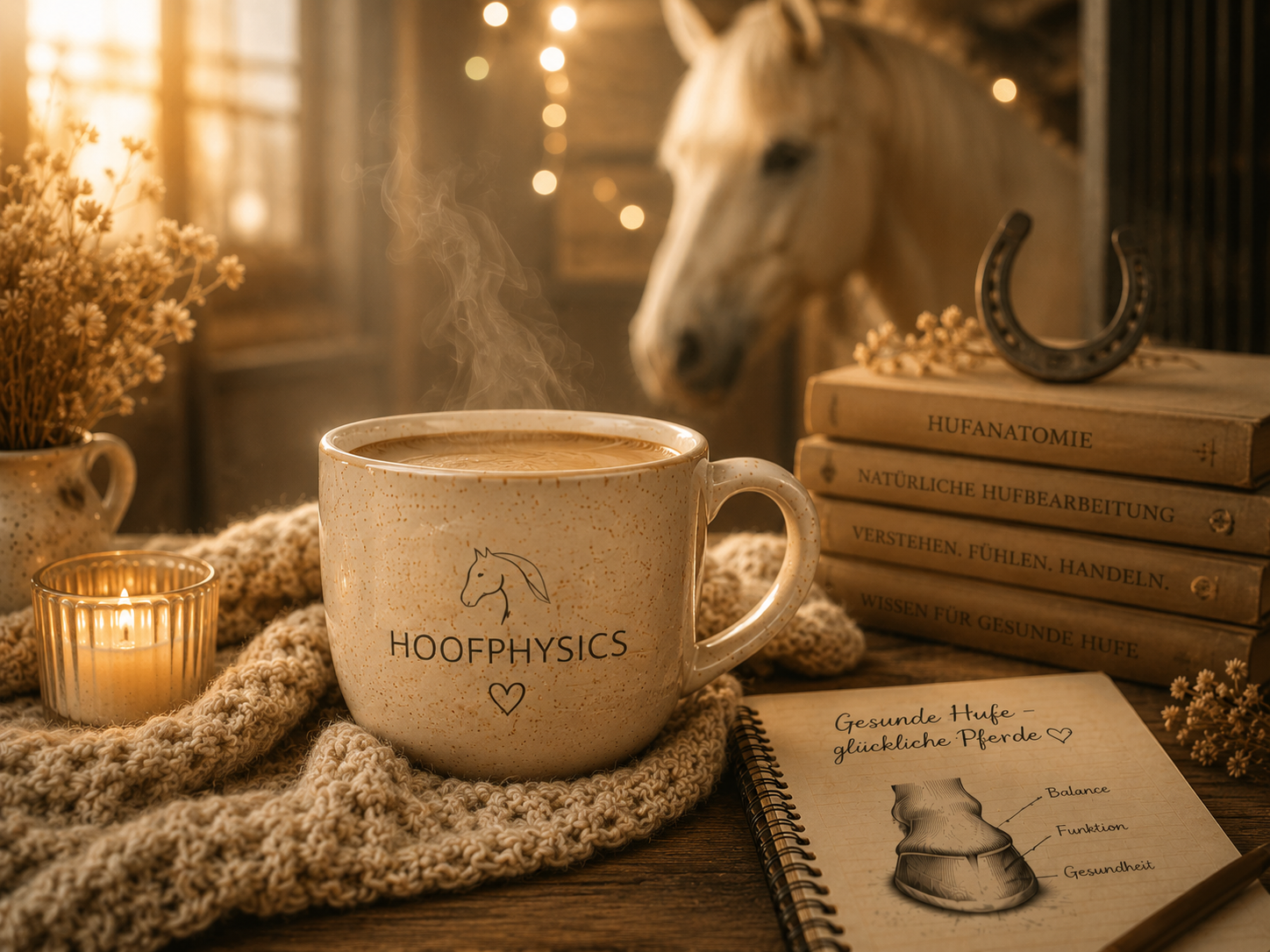Hoofphysics-Tasse, Fachbücher und Hufskizze – Wissen rund um gesunde Pferdehufe und Hufbearbeitung