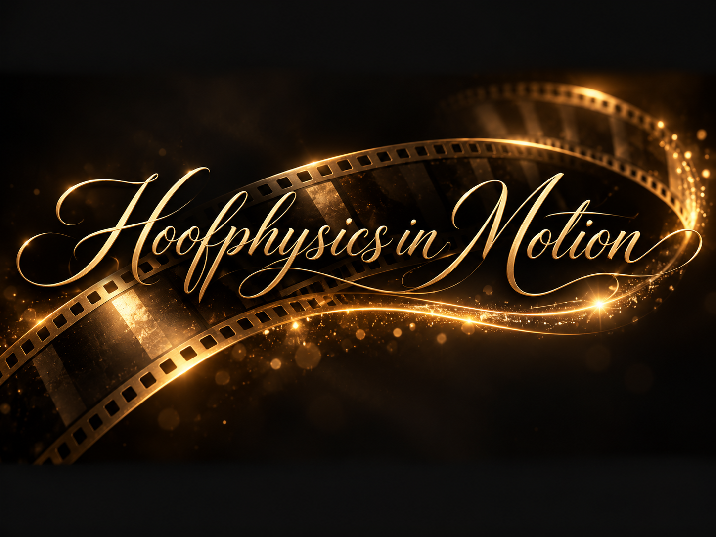 Hoofphysics in Motion – Elegant golden lettering over a flowing cinematic filmstrip on a dark background, illuminated by warm golden light and sparkling particles. A visual introduction to Hoofphysics videos featuring equine hoof care, hoof biomechanics, 