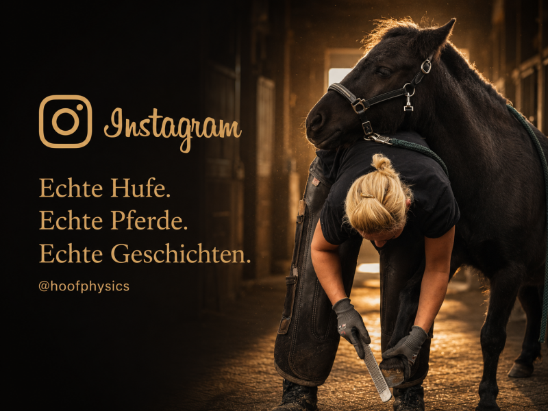 Hufbearbeiterin Suriyany Dähn bei der Hufbearbeitung eines schwarzen Pferdes mit Instagram-Logo und dem Hinweis auf echte Hufe, Pferde und Geschichten bei Hoofphysics.