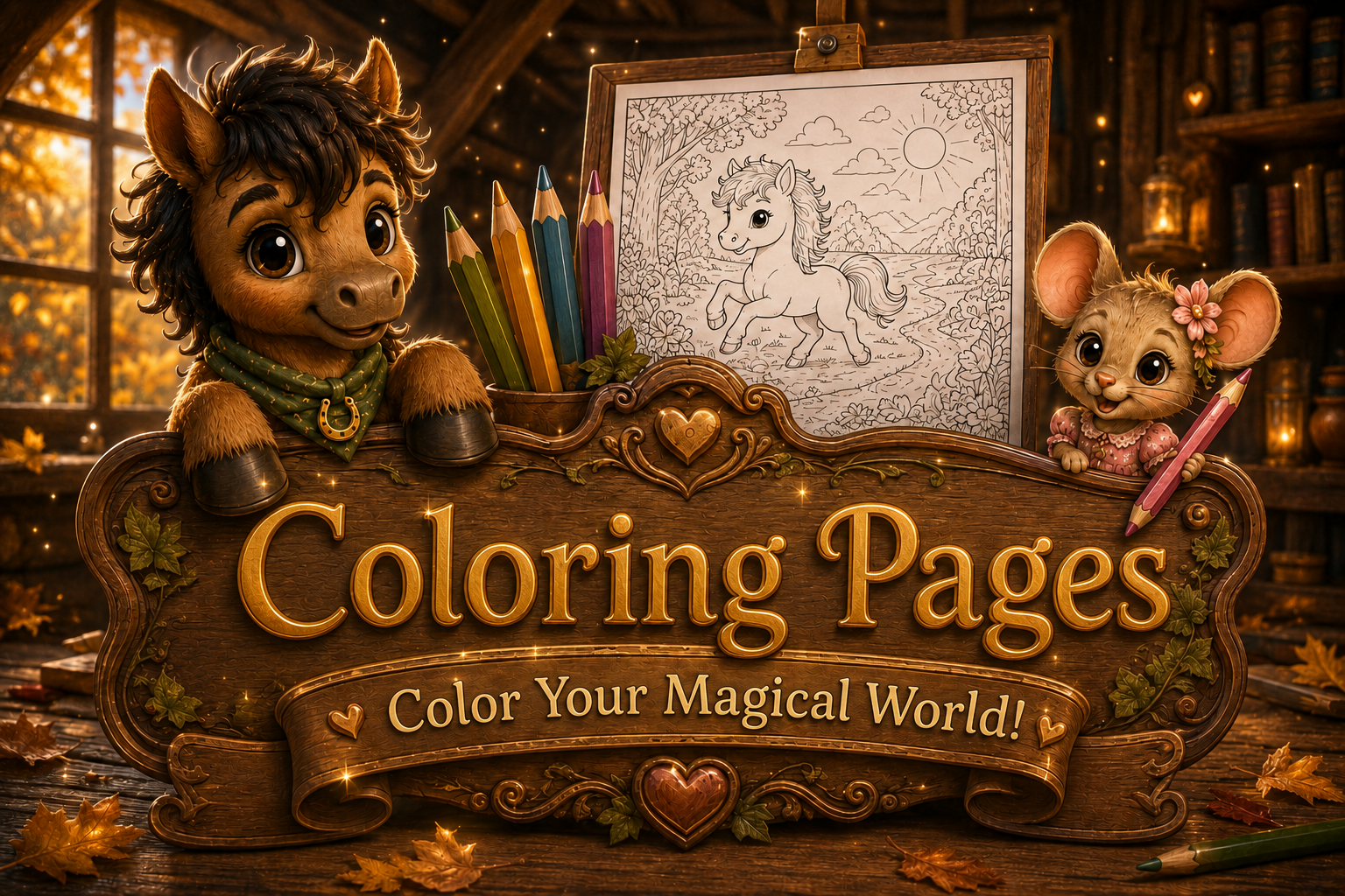 Milo and Pippa welcome children to the cozy Goldhain art studio with colored pencils and a pony coloring page. 