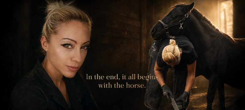 Hoofphysics founder beside a professional hoof-care scene with a black horse, accompanied by the words “In the end, it all begins with the horse.”