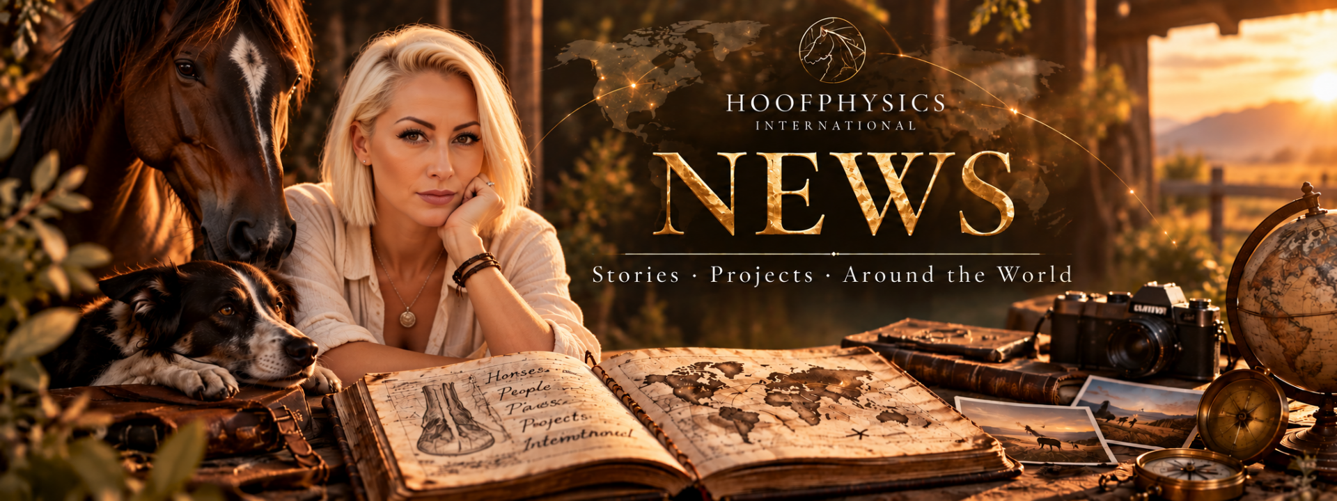 Hoofphysics International News – Frau mit Pferd und Hund an einem Reisetisch mit Weltkarte, Kamera und Globus als Symbol für internationale Geschichten, Projekte und Neuigkeiten
