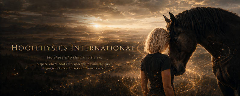 Hoofphysics International Header mit Hufbearbeiterin und Pferd in einer goldenen Berglandschaft als Symbol für Vertrauen und weltweite Verbindung.