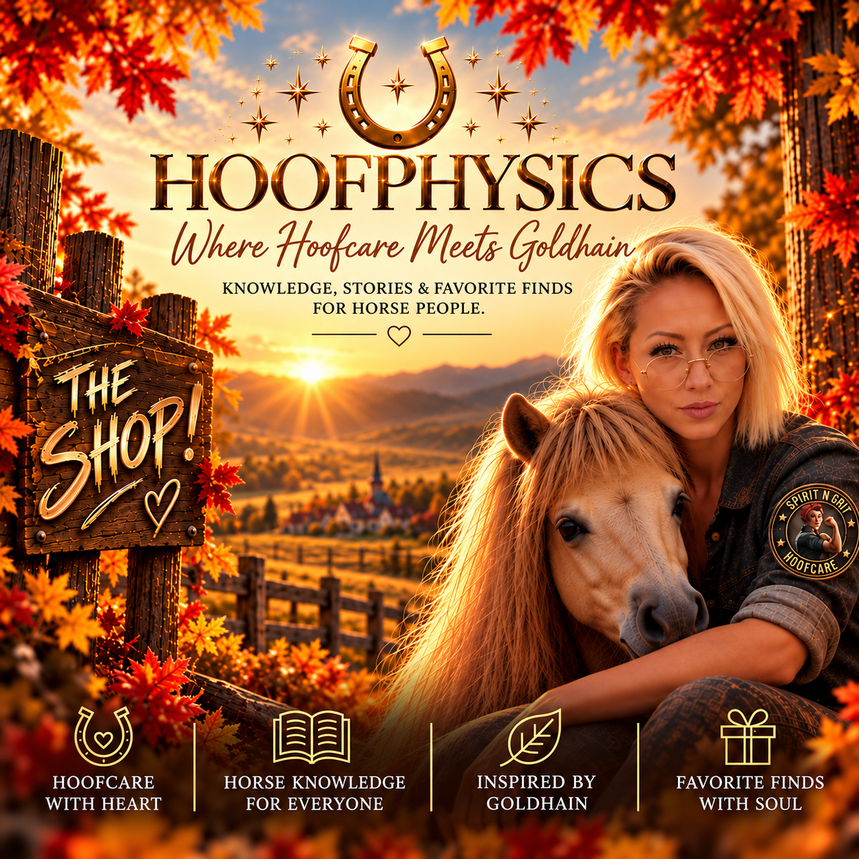 Hoofphysics International Shop – A blonde woman embracing a chestnut pony in a golden autumn landscape, surrounded by colorful fall leaves. The banner introduces the Hoofphysics shop, combining heartfelt hoof care, equine knowledge, Goldhain-inspired crea