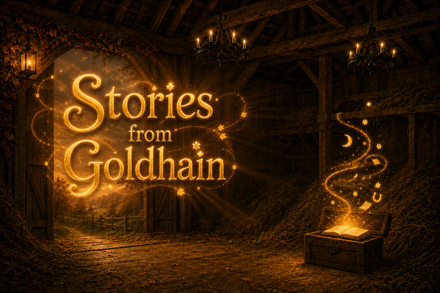 Magical entrance to the Goldhain stables with the glowing title “Stories from Goldhain,” a sunset landscape and an enchanted storybook rising from an open wooden chest. 