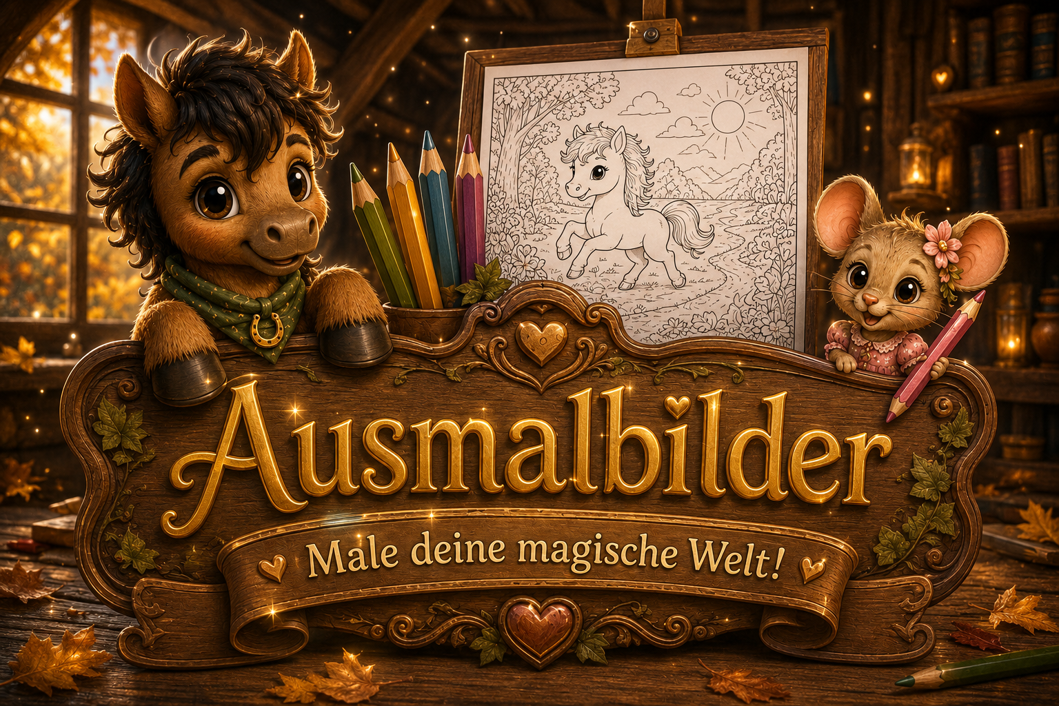 Milo und Pippa laden in einem gemütlichen Goldhain-Kreativatelier mit Buntstiften und einem Pony-Ausmalbild zum Malen ein. 