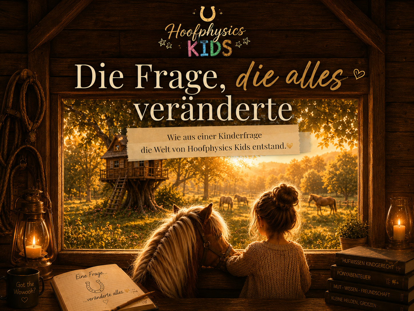 Liv und ihr Pony blicken aus einem gemütlichen Holzhaus in den sonnigen Goldhain mit Professor Eules Baumhaus; darüber steht „Die Frage, die alles veränderte“. 