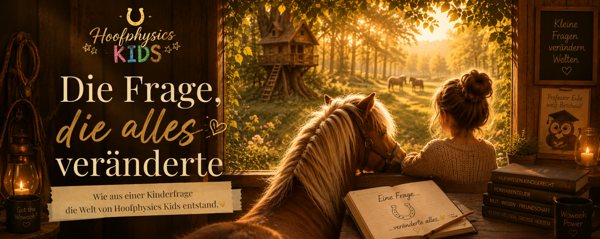Hoofphysics Kids – ein Kind mit Pferd im goldenen Licht, Einstieg in die Geschichte darüber, wie eine Kinderfrage die Welt von Hoofphysics Kids entstehen ließ