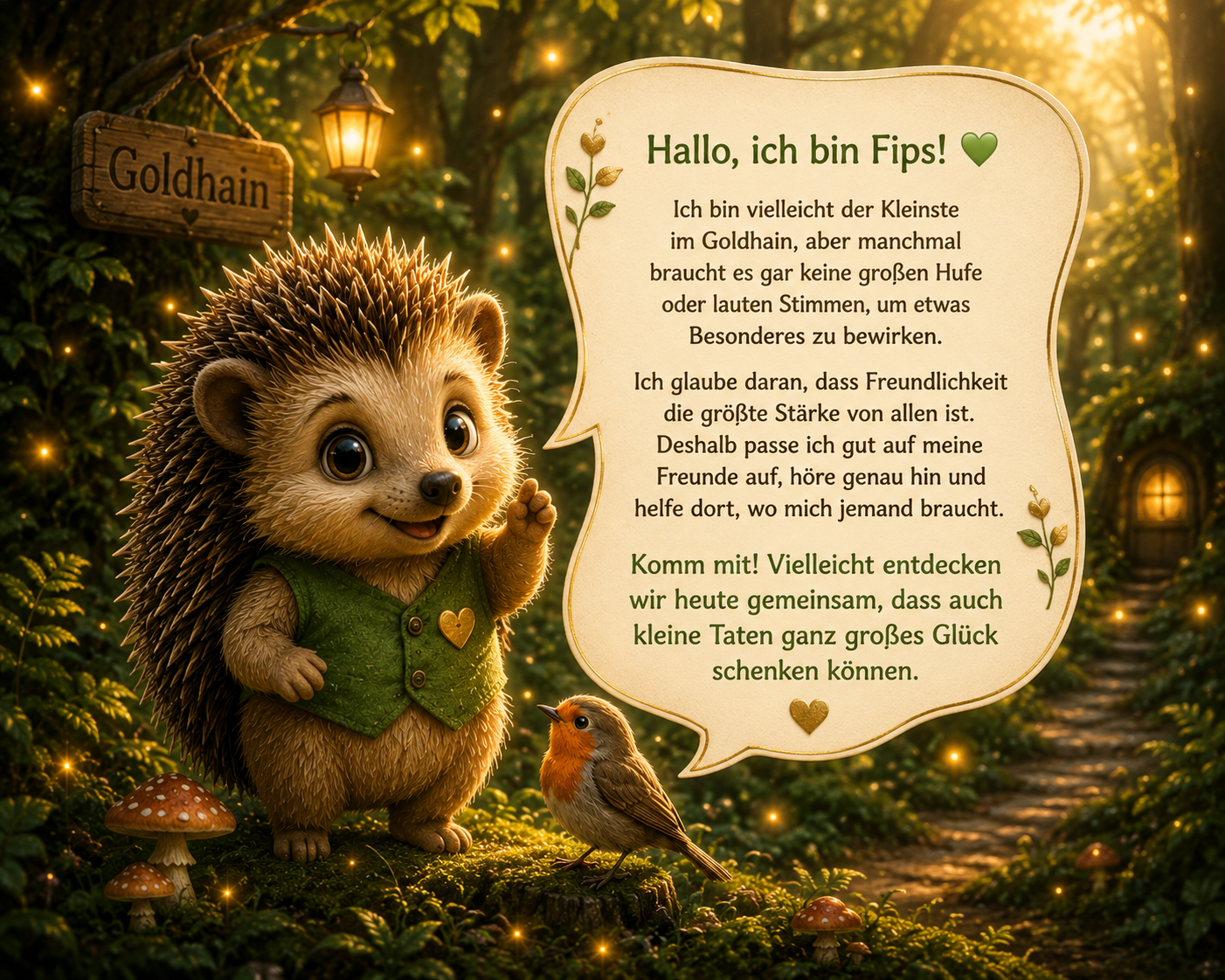 Fips begrüßt die Kinder im Goldhain mit einer liebevollen Sprechblase. Der kleine Igel steht auf einer moosigen Waldlichtung neben einem Rotkehlchen und erzählt, warum Freundlichkeit, Hilfsbereitschaft und kleine gute Taten das größte Glück schenken könne