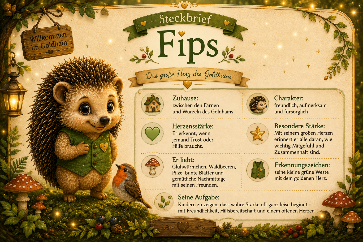Liebevoll gestalteter Steckbrief von Fips aus Hoofphysics Kids. Der freundliche Igel mit seiner grünen Weste und dem goldenen Herz steht auf einer moosigen Waldlichtung im Goldhain. Der Steckbrief beschreibt Fips' Zuhause, Charakter, Herzensstärke, besond