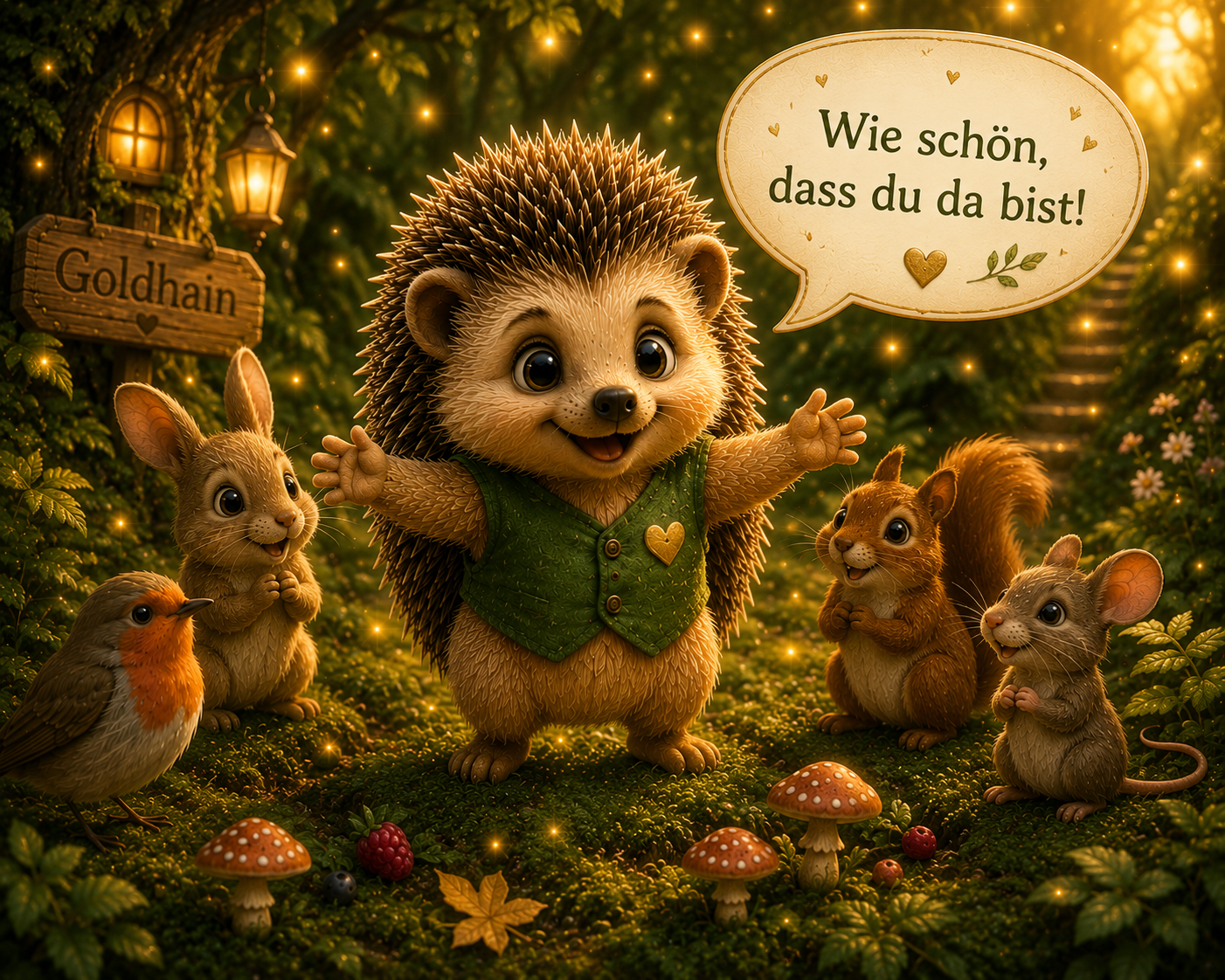 Fips aus Hoofphysics Kids begrüßt Kinder mit offenen Armen auf einer verwunschenen Waldlichtung im Goldhain. Umgeben von Glühwürmchen, Waldtieren und einer liebevollen Sprechblase mit den Worten „Wie schön, dass du da bist!“ lädt der kleine Igel zu einer 