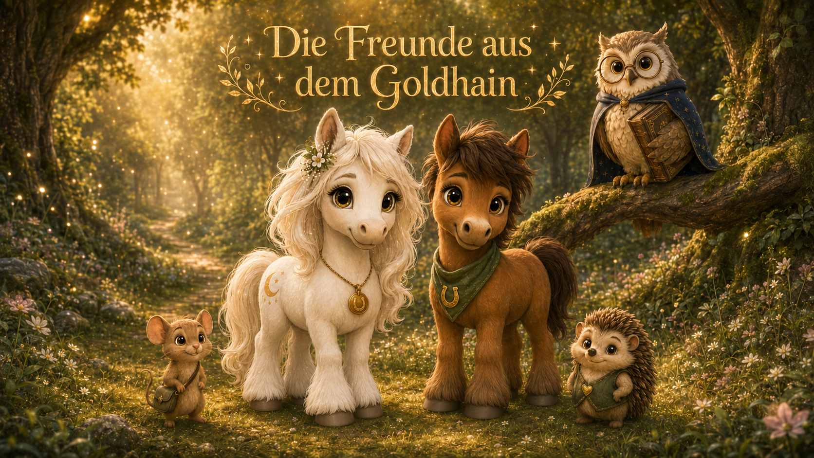 Liv, Milo, Pippa, Fips und Professor Eule begrüßen die Kinder gemeinsam auf einer magischen Waldlichtung im Goldhain.