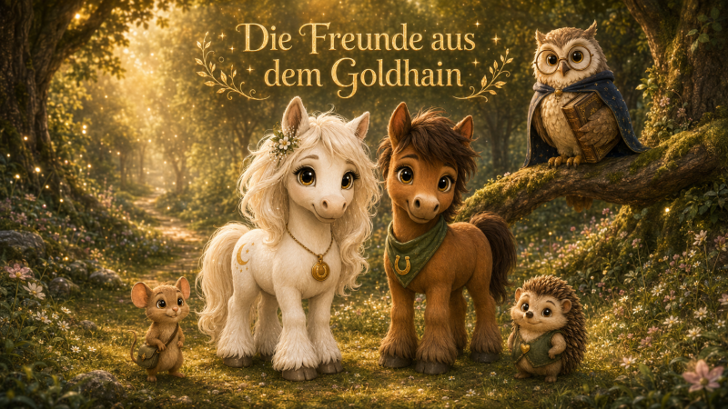 Liv, Milo, Pippa, Fips und Professor Eule begrüßen die Kinder gemeinsam auf einer magischen Waldlichtung im Goldhain.