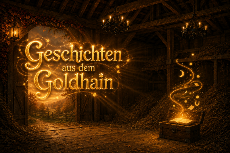 Cineastischer Eingang zu den Goldhain-Stallungen mit leuchtendem goldenen Schriftzug „Geschichten aus dem Goldhain“, weiter Abendlandschaft und einer magischen Truhe mit geöffnetem Geschichtenbuch. 