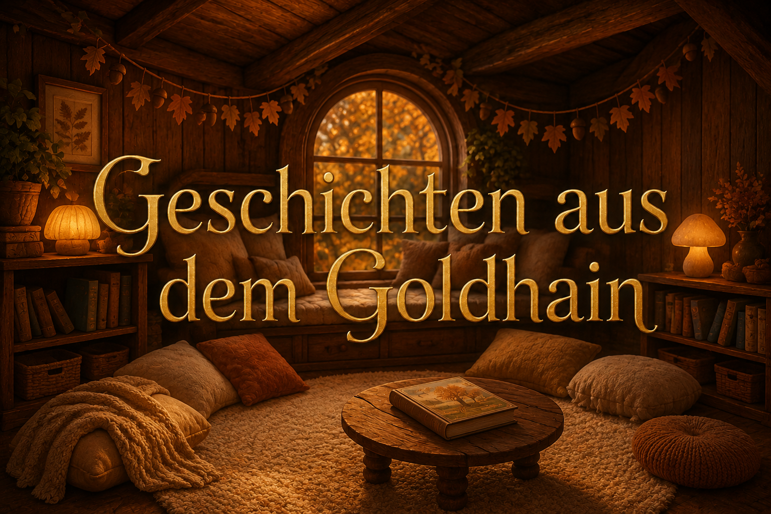 Gemütliche Holzhütte im Goldhain mit Kissen, Büchern und warmem Kaminlicht für zauberhafte Geschichten.