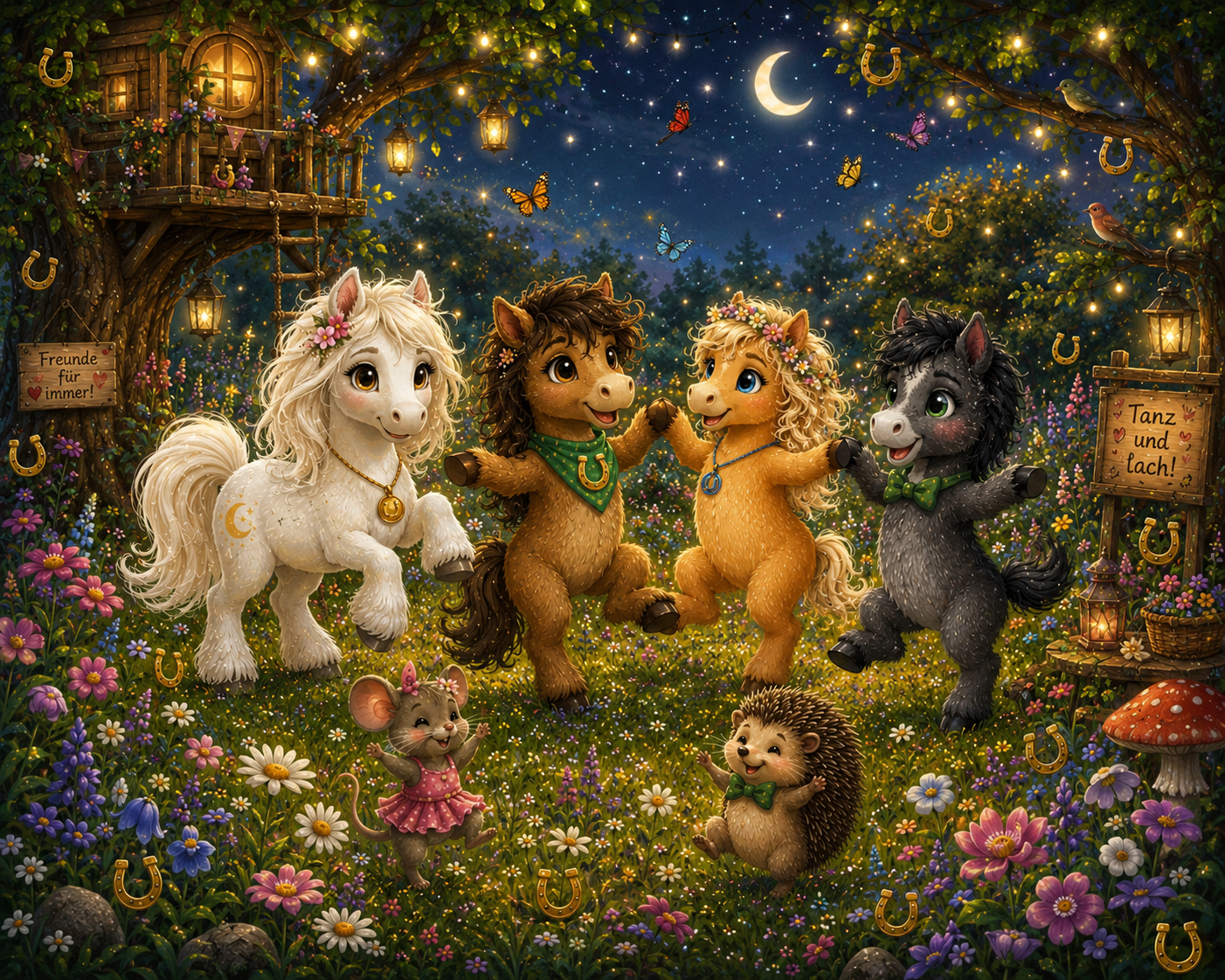 Magisches Wimmelbild auf einer nächtlichen Blumenwiese: Liv, Milo und ihre Freunde tanzen unter Lichterketten und einem leuchtenden Mond – zwölf goldene Hufeisen sind im Bild versteckt.