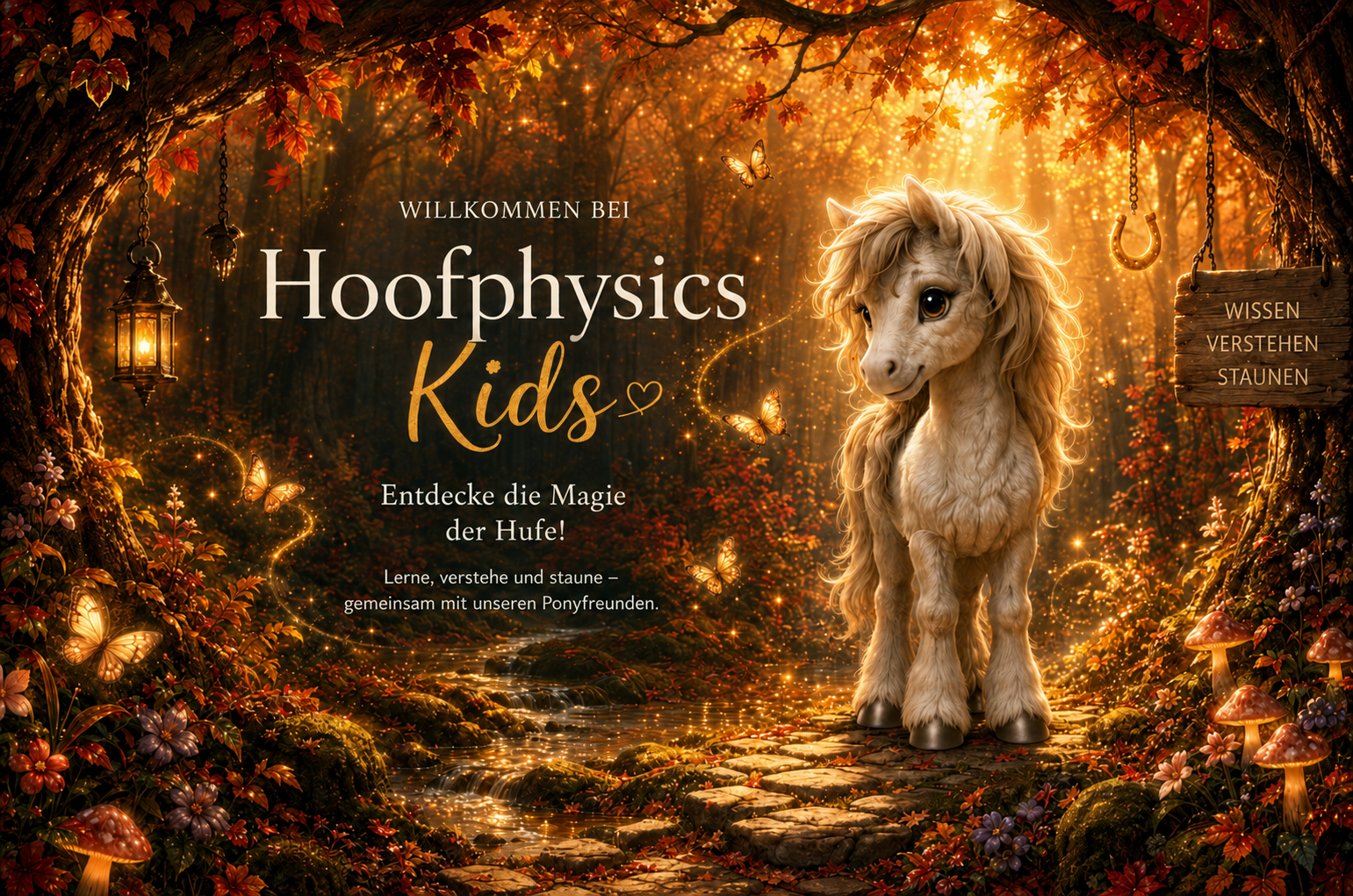 Magischer Hoofphysics-Kids-Herbstwald mit dem kleinen Pony Liv, leuchtenden Schmetterlingen und dem Schriftzug „Entdecke die Magie der Hufe“