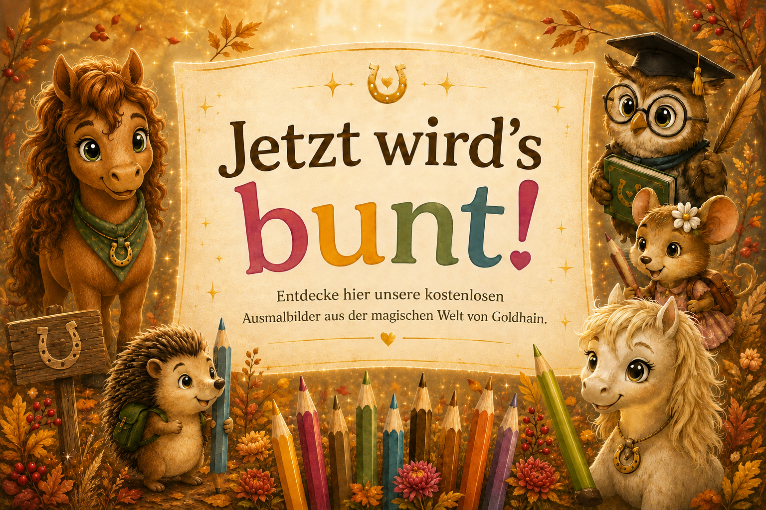 Milo, Liv, Professor Eule, Fips und Pippa rund um ein magisch schwebendes Banner für kostenlose Goldhain-Ausmalbilder im leuchtenden Herbst.“