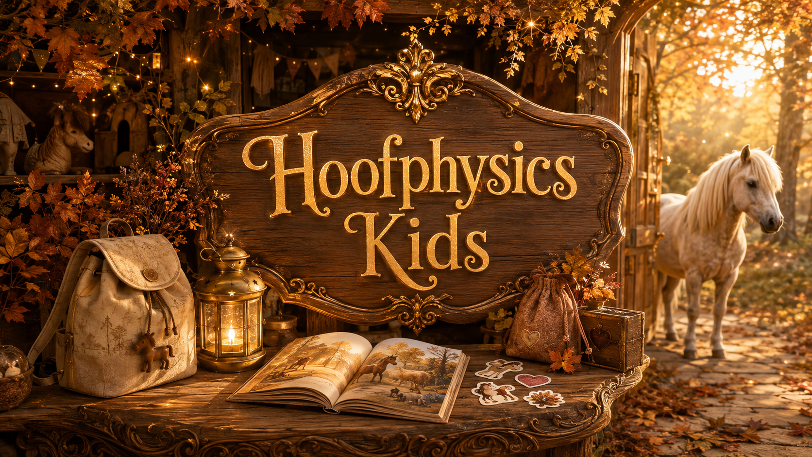 Herbstlicher Hoofphysics-Lieblingsstücke-Header mit goldenem Holzschild, kupferfarbenem Laub und magischem Goldhain-Funkeln