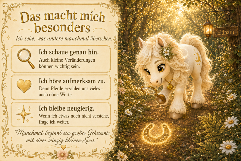 Links werden Livs besondere Fähigkeiten erklärt, während die weiße Hufentdeckerin rechts mit einer Lupe eine glitzernde Hufspur auf einem Waldweg in Goldhain untersucht.