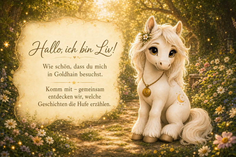 Liv, die weiße Hufentdeckerin aus der Hoofphysics Kids Welt, begrüßt Kinder auf einem sonnigen Waldweg in Goldhain und lädt sie ein, gemeinsam die Geschichten der Hufe zu entdecken.
