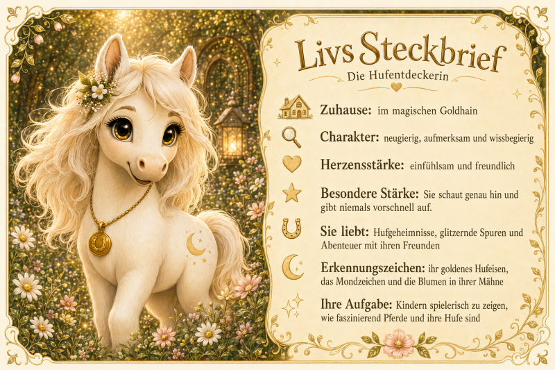 Liebevoll gestalteter Steckbrief von Liv, der weißen Hufentdeckerin aus Goldhain, mit ihren Eigenschaften, Stärken, Erkennungszeichen und ihrer Aufgabe in der Hoofphysics Kids Welt.
