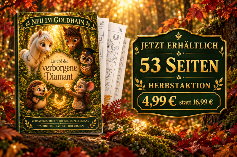 Mitmachbuch „Liv und der verborgene Diamant“ mit 53 Seiten, Rätseln und Hufwissen in einer herbstlichen Goldhain-Kulisse – jetzt für 4,99 Euro statt 16,99 Euro erhältlich.