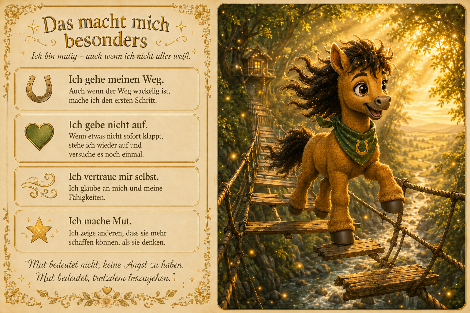Milo auf einer alten Hängebrücke im magischen Goldhain – die Charakterkarte „Das macht mich besonders“ zeigt das mutige kleine Pony, das trotz Unsicherheit seinen Weg geht und Kindern Selbstvertrauen, Durchhaltevermögen und Mut vermittelt.