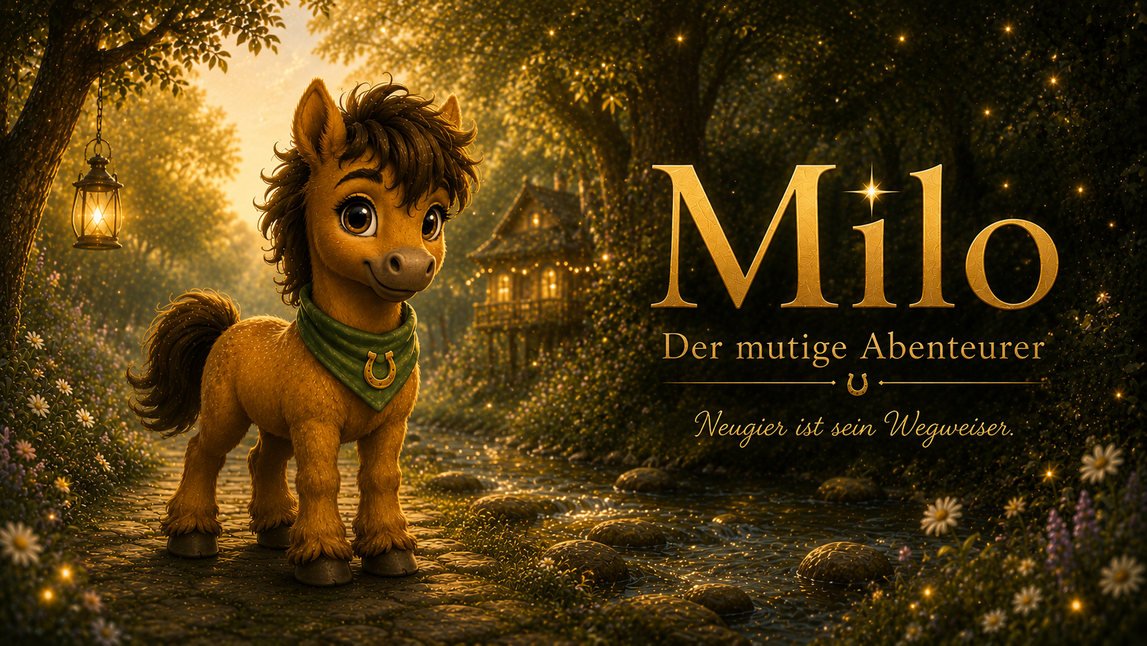 Milo, der mutige Abenteurer aus Hoofphysics Kids, steht auf einem verwunschenen Waldweg am Bach in Goldhain. Das neugierige kleine Pony mit grünem Halstuch blickt den Betrachter freundlich an, während goldenes Abendlicht, Glühwürmchen und ein Baumhaus im 